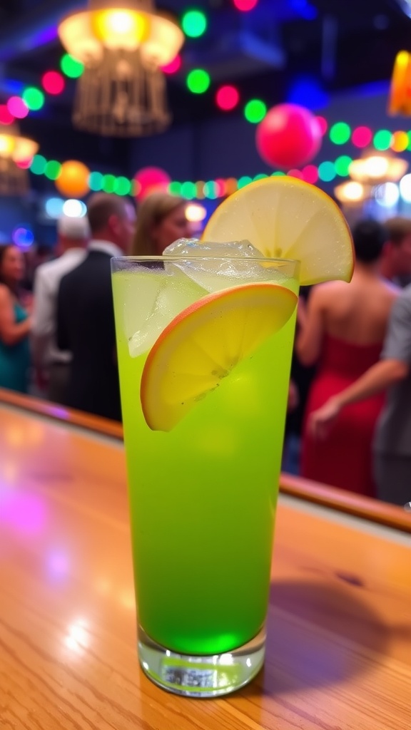 Crisp sour apple rum cocktail garnished with apple slices and lime wedge on a wooden bar.